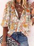 Floral Casual Loosen Buttoned Round Neck Three Quarter Blouse