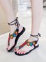 Boho-Mexican Ethnic Contrast Beaded Ankle Lace-Up Thong Sandals