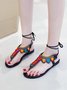 Boho-Mexican Ethnic Contrast Beaded Ankle Lace-Up Thong Sandals