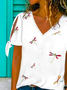 V Neck Dragonfly Loosen Short Sleeve T-Shirt