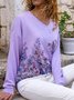 Floral V Neck Long Sleeve Plus Size Casual T-Shirt