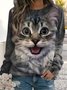 Casual Cat Long Sleeve Round Neck Plus Size Printed Tops Sweatshirts