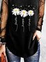Floral Casual V Neck Mesh Loose Long Sleeve T-Shirt