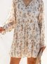 Casual Floral Long  Sleeve V Neck Plus Size Printed Dress