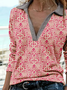 Casual Ethnic Printed V-neck Jersey Long Sleeve Top