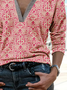 Casual Ethnic Printed V-neck Jersey Long Sleeve Top