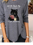 Women Casual Autumn Cat V neck Vacation Loose Jersey Standard H-Line T-shirt