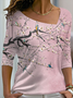 Women Casual Floral Autumn Lightweight Micro-Elasticity Daily Asymmetrical H-Line Regular Size T-shirt