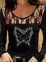 Women Casual Autumn Butterfly Micro-Elasticity Daily Regular Fit Long sleeve Crew Neck Regular Size Tops