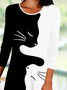 Casual Autumn Cat Daily Loose Jersey Long sleeve T-Shirt Dress Regular Dresses for Women