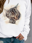 Casual Autumn Cat Jersey Standard Crew Neck Regular H-Line Regular Sweatshirts for Women