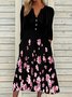 Casual Floral Autumn Micro-Elasticity Daily Loose Midi Three Quarter Notched Dresses for Women