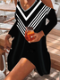 Women Striped Casual Autumn V neck Lightweight Micro-Elasticity Daily Loose Skirt Dresses