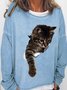 Womens 3D Cat Print Crew Neck Casual Sweatshirt