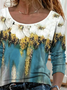 Casual Abstract Floral Print Round-neck Long Sleeve Knitted T-shirt