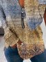 Ethnic Printed Long Sleeve Zipper V Neck Casual Sweatshirt