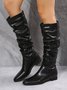 Black and White Solid Pleated Tall Boots