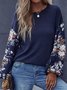 Floral Stitching Long Sleeve Waffle Crew Neck Casual Tops