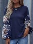 Floral Stitching Long Sleeve Waffle Crew Neck Casual Tops
