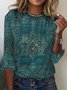 Mystery Mandala Printed Ethnic Floral Flared 3/4 Sleeve Loose Crew Neck T-Shirt