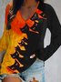 Casual Halloween Cat Long Sleeve V Neck Printed Tops T-shirts TUNIC