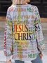 Vintage Letters Jesus Printed V Neck Long Sleeves Casual Sweatshirt