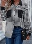 Shirt Collar Houndstooth Printed Color-block Blouse