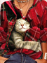 Casual Christmas Plaid Cat Long sleeve V Neck T-Shirt Xmas T-shirt