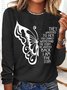 Women's Butterfly Letters Print Cotton-Blend Casual Top H-Line Crew Neck Long Sleeve Shirts