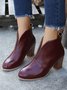 V Toe Cap Wine Red Thick Heel Ankle Boots