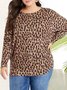 Plus Size Crew Neck Leopard Batwing Sleeve Regular Fit Casual Top