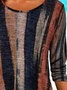 Plus Size Brown Stripes Printed Casual Long Sleeve Shift Top