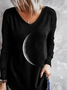 Plus Size Moon Printed V Neck Casual Long Sleeve Shift Top