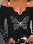 Boat Neck Jersey Butterfly Party T-Shirt
