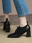 Vintage Leather Knitted Stitching Chunky Heel Shoes