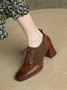 Vintage Leather Knitted Stitching Chunky Heel Shoes
