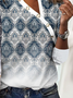 Asymmetrical Neck Ethnic Printed Buckle Casual T-Shirt