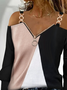 Casual V Neck Zipper Color Block Top