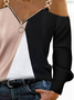 Casual V Neck Zipper Color Block Top