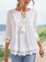 Contrast Guipure Lace Tie Neck Tassel Blouse