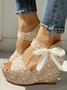 Holiday Floral Lace Gauze Bow Wedge Sandals