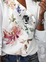 Floral Printed Loose Asymmetrical Collar Casual T-Shirt