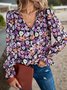 Purple Floral V Neck Casual Top