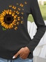 Sunflower Butterfly Long Sleeve Buckle Crew Neck Casual T-Shirt