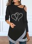 Heart/Cordate Glitter Casual Hollow Out Cold-shoulder Tunic Top