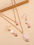 Gold Natural Pink Crystal Pendant Earrings Layered Necklace Set Jewelry