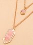 Gold Natural Pink Crystal Pendant Earrings Layered Necklace Set Jewelry