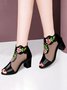 Ethnic Embroidery Mesh Breathable Chunky Heel Sandals