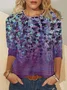 Women's Art Purple Flower Print Casual Crew Neck Regular Fit Plants Shirt