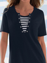 Buckle Notched Striped Color Block Short Sleeve Casual Tunic Shirt